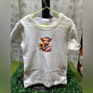 Kids White T-Shirt with Cow and Sunflower Print Upcycled